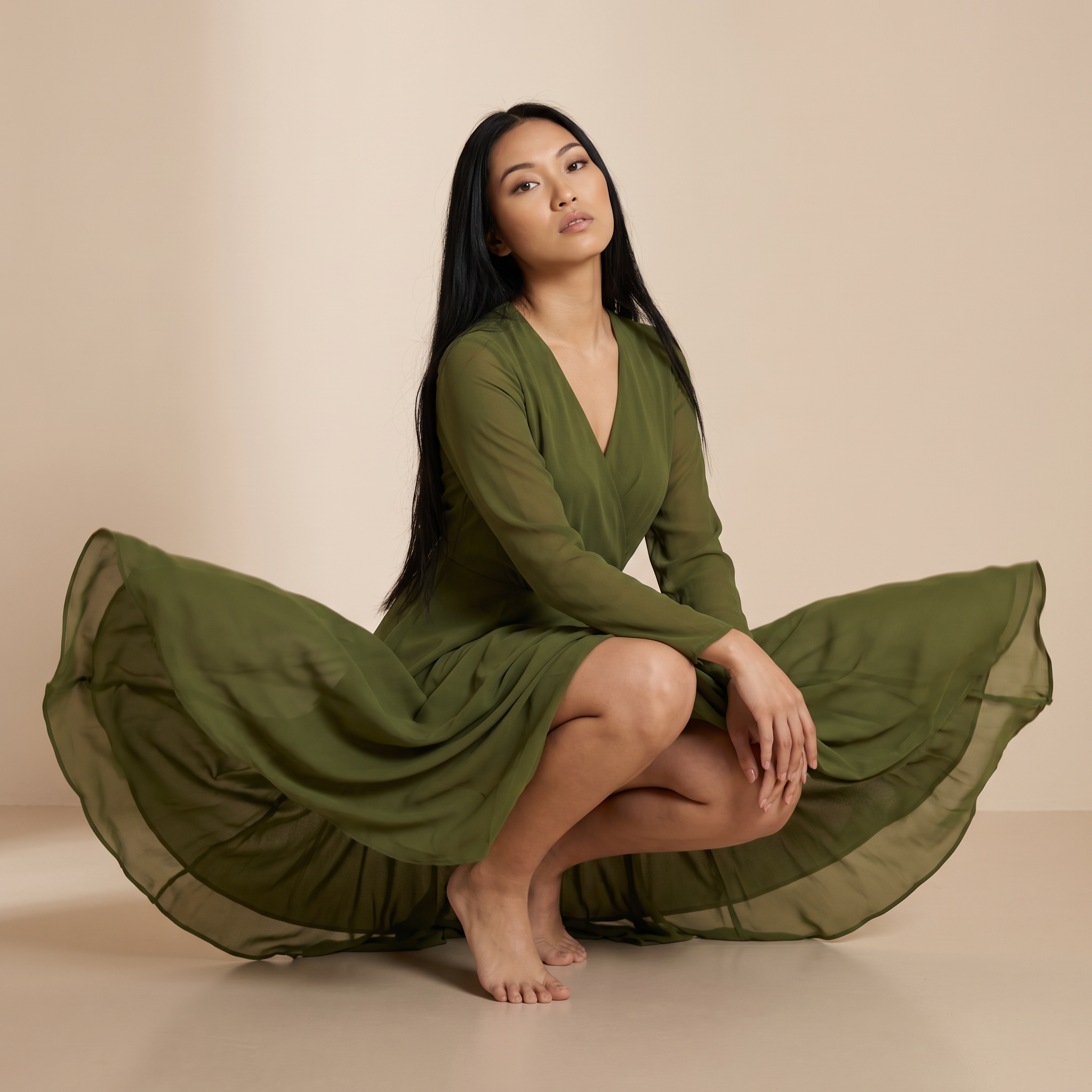 A-lijn jurk met lange mouwen Aarde Olijf - bescheiden, lichte slip dress