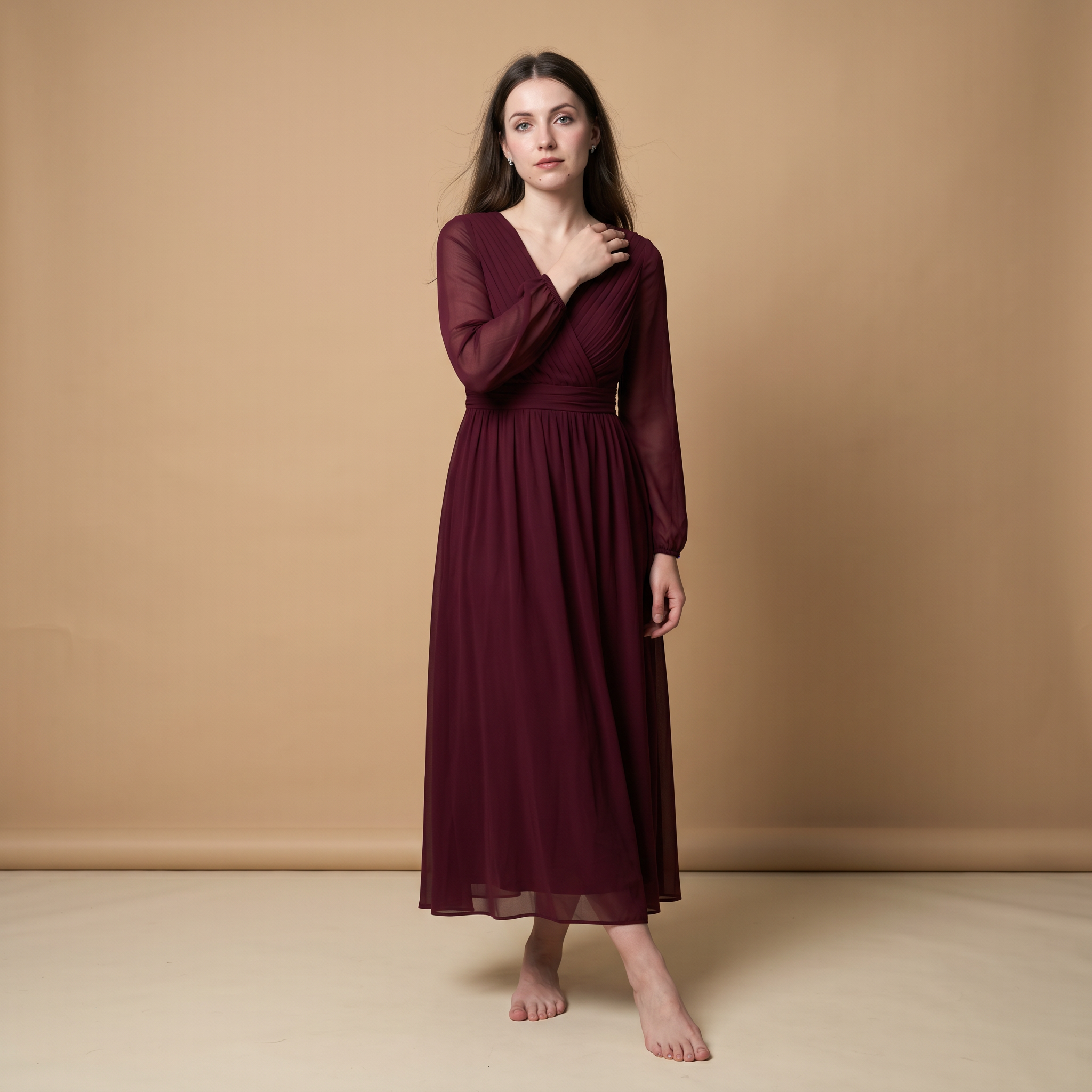 Elegante lange jurk van rode chiffon – verfijnde slip dress
