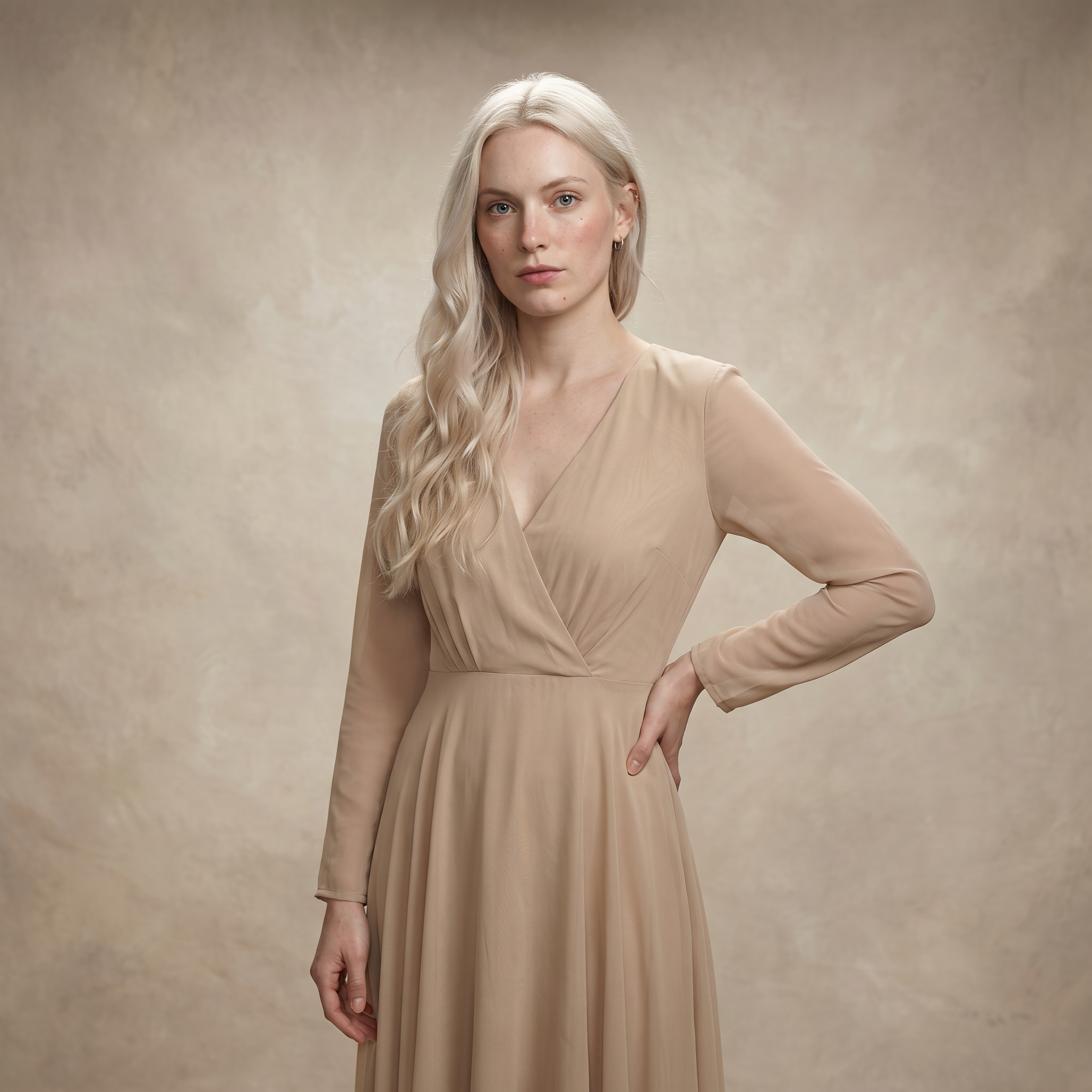 Tijdloze champagnekleurige slipdress met lange mouwen