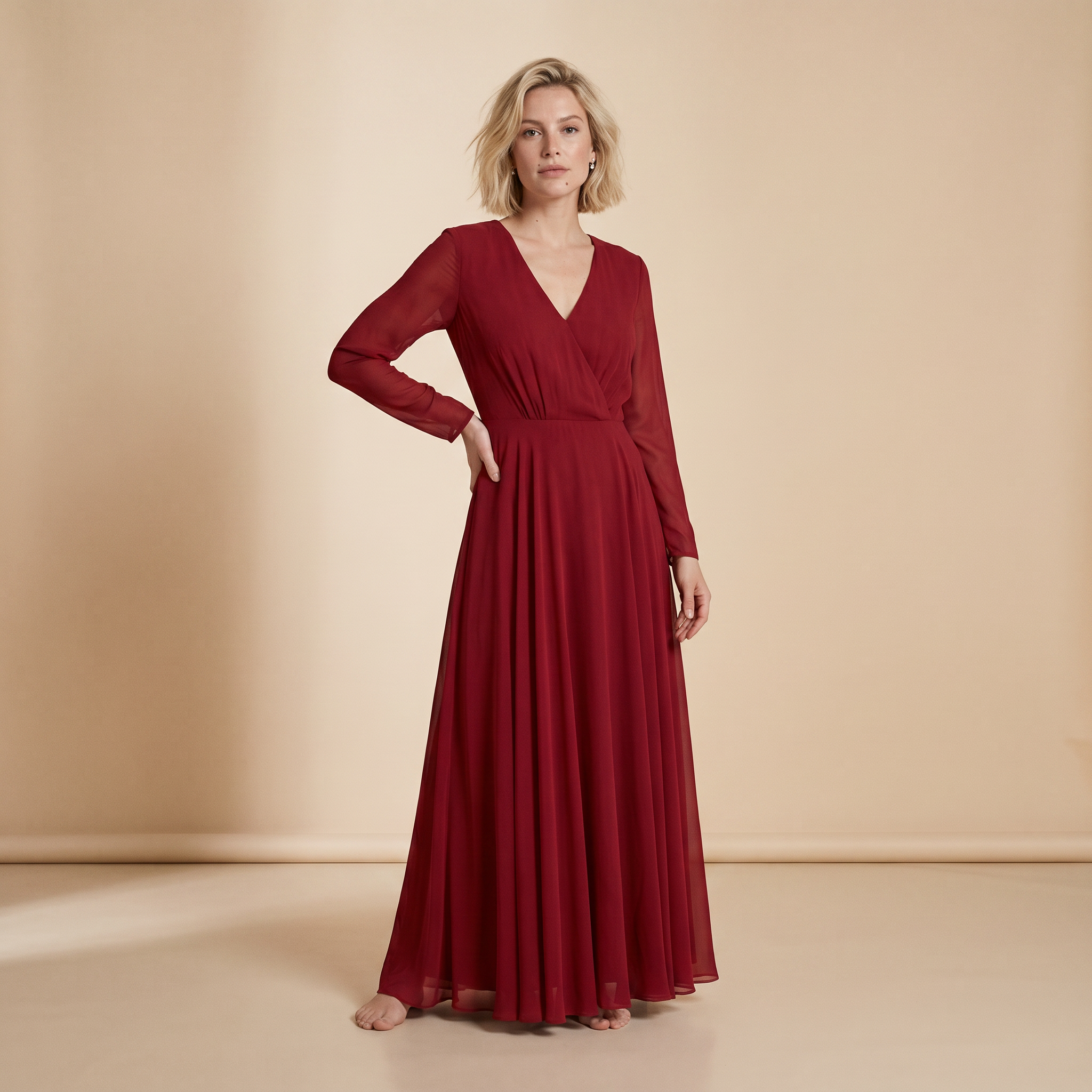 Lange slipdress met lange mouwen in diep bordeauxrood