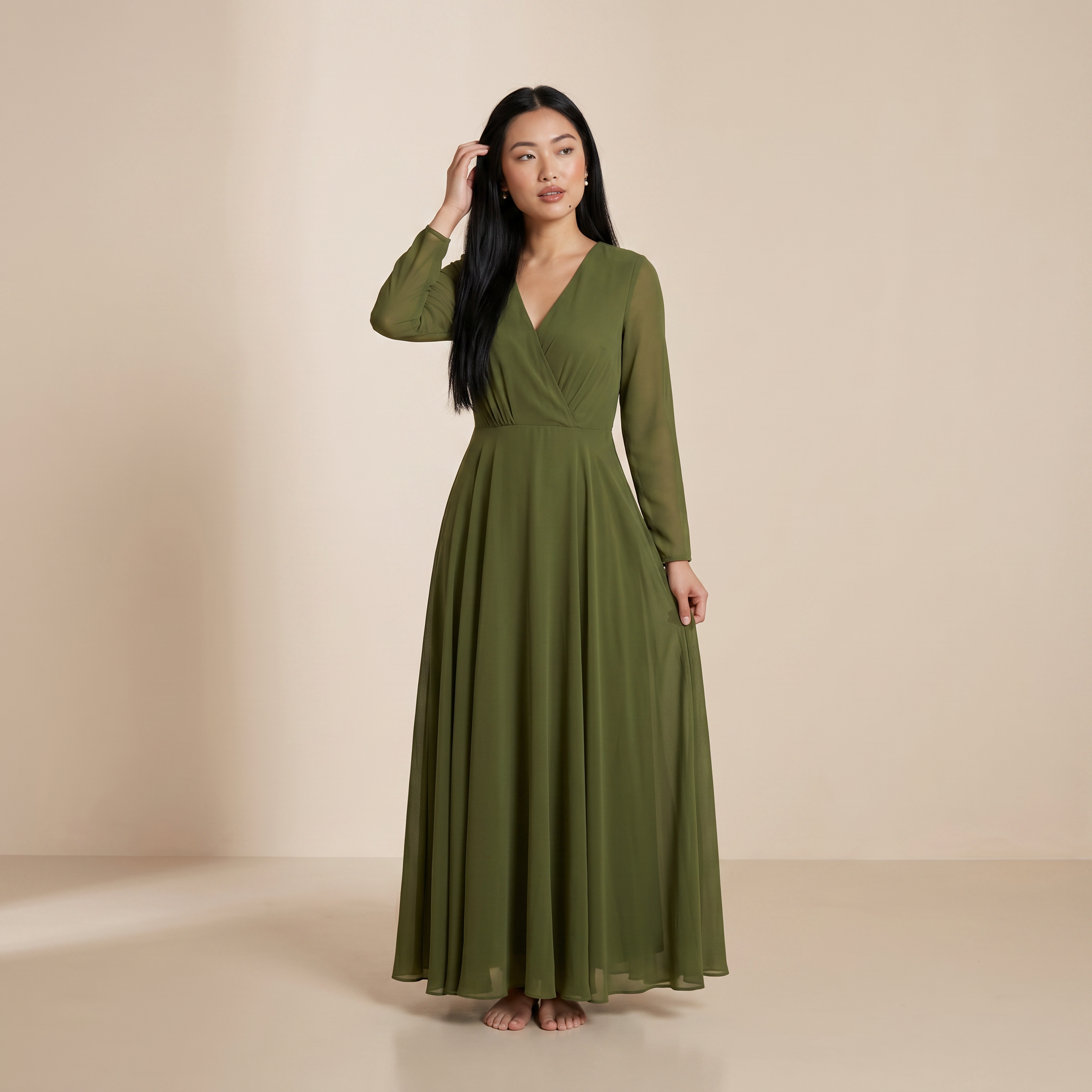 A-lijn jurk met lange mouwen Aarde Olijf - bescheiden, lichte slip dress