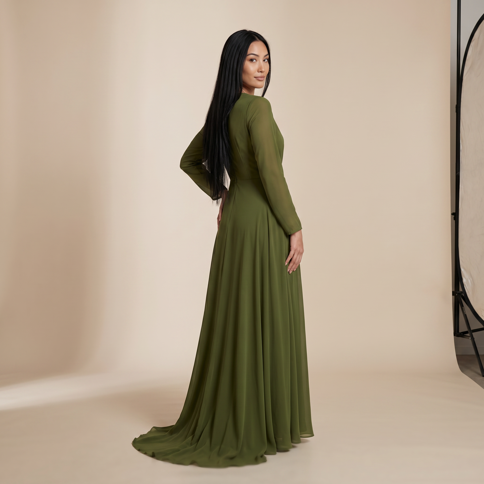 A-lijn jurk met lange mouwen Aarde Olijf - bescheiden, lichte slip dress