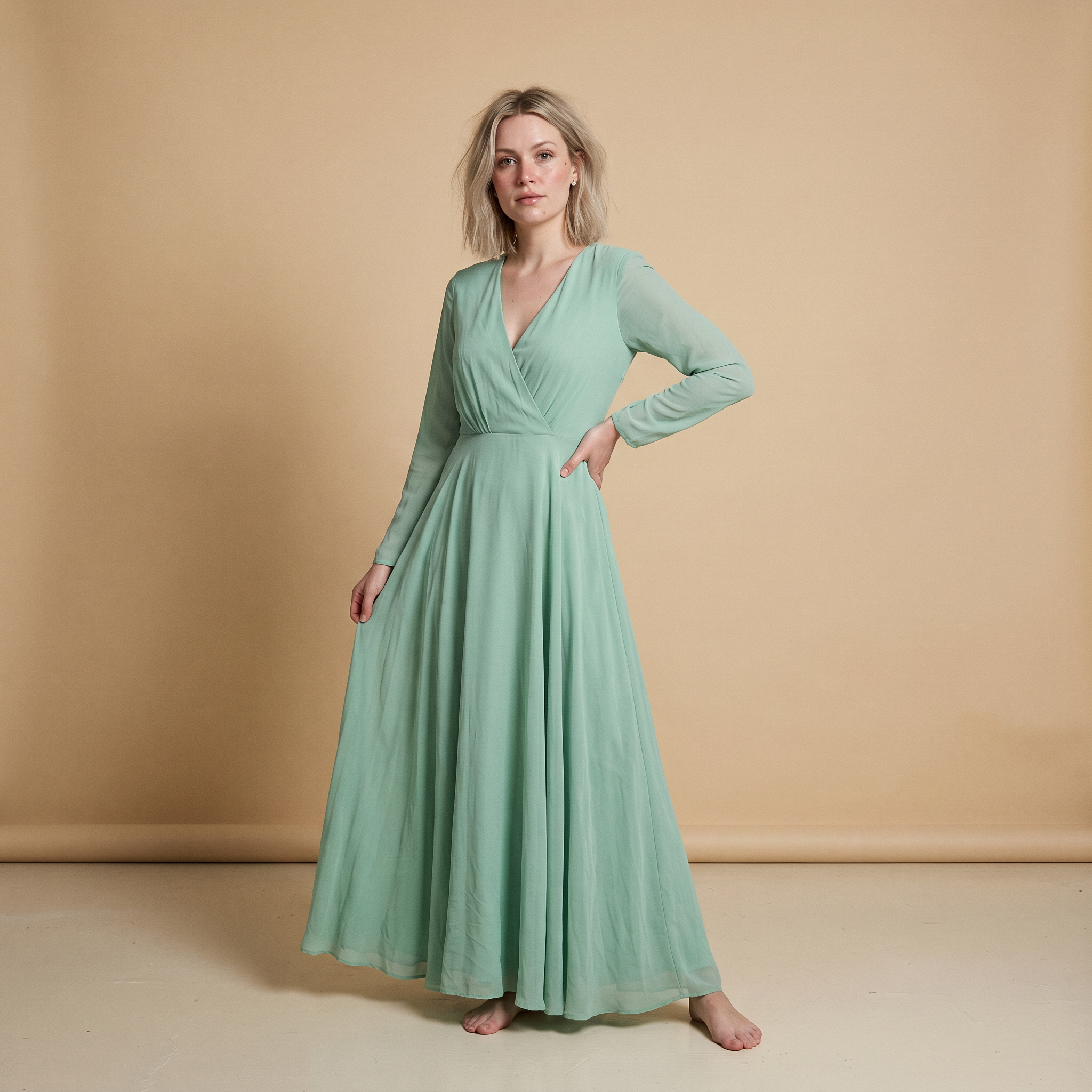 Maxi-jurk met lange mouwen in de kleur frisse munt – slip dress
