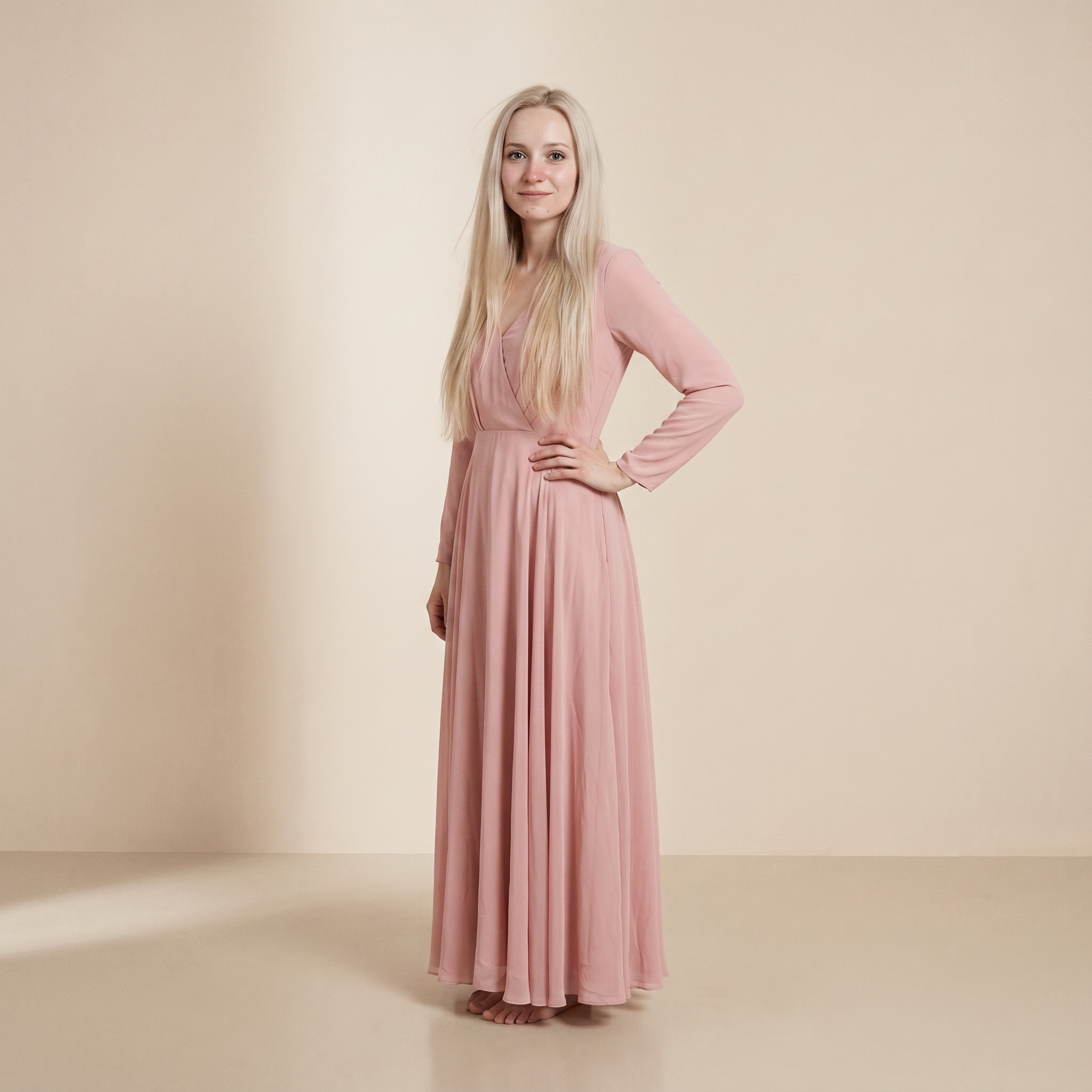 Roze maxi jurk met lange mouwen van chiffon – slip dress met strik