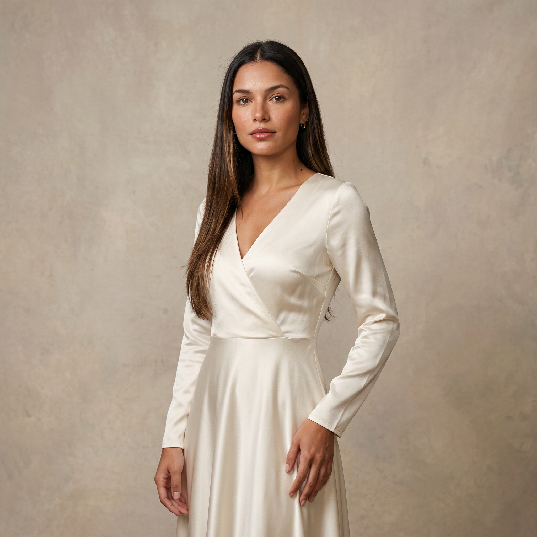 Glanzende, satijnen maxi-jurk – elegante slip dress met lange mouwen en V-hals