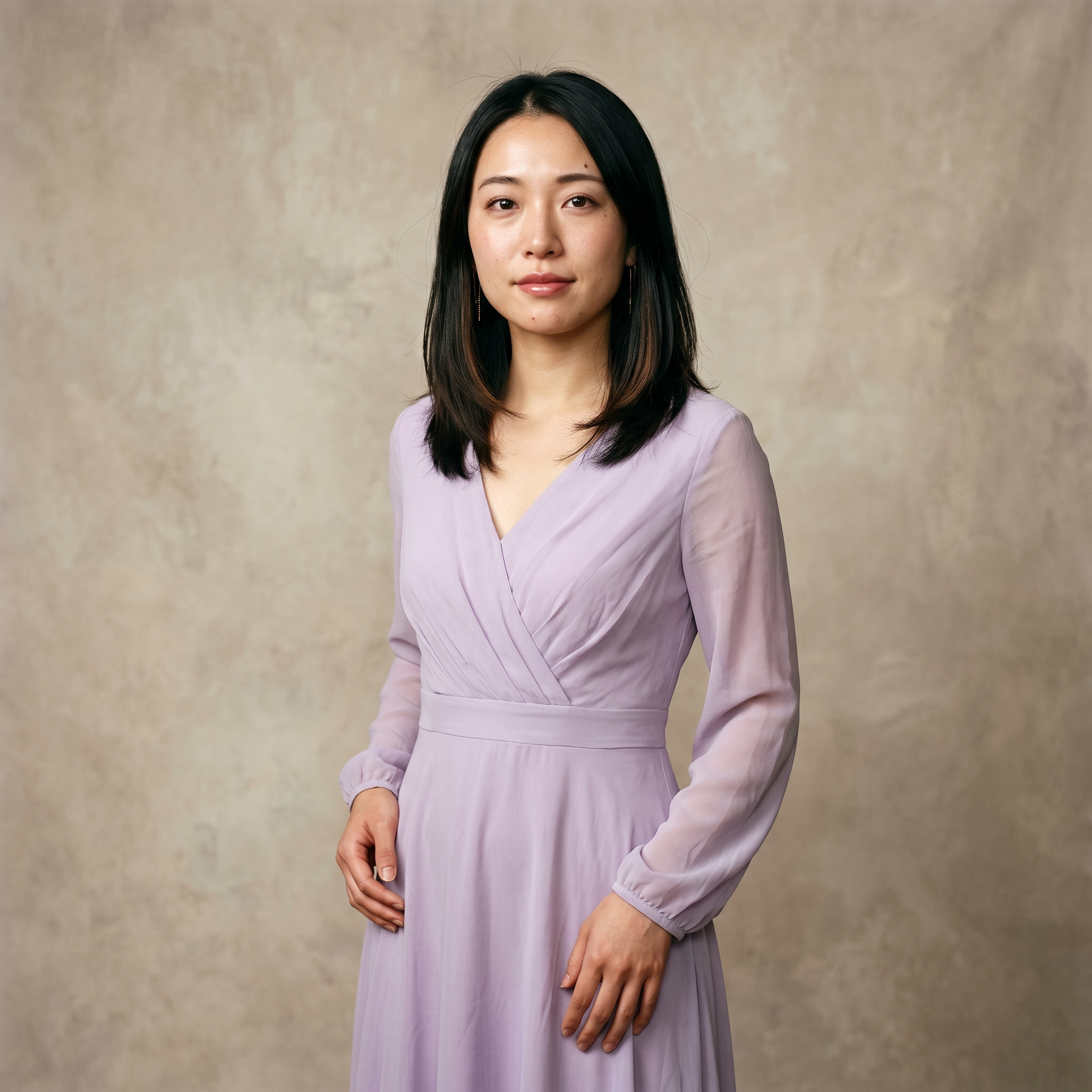 Lange maxi-jurk in de kleur lavendelnevel met lange mouwen – elegante avondjurk met een sluiting aan de voorkant